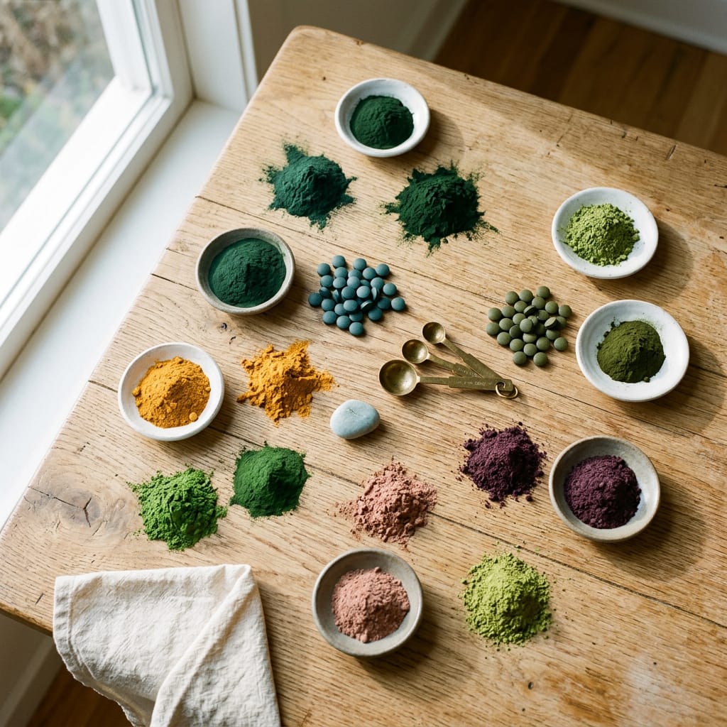 Organic Burst ingredients laid out on wooden table — powders and pressed tablets