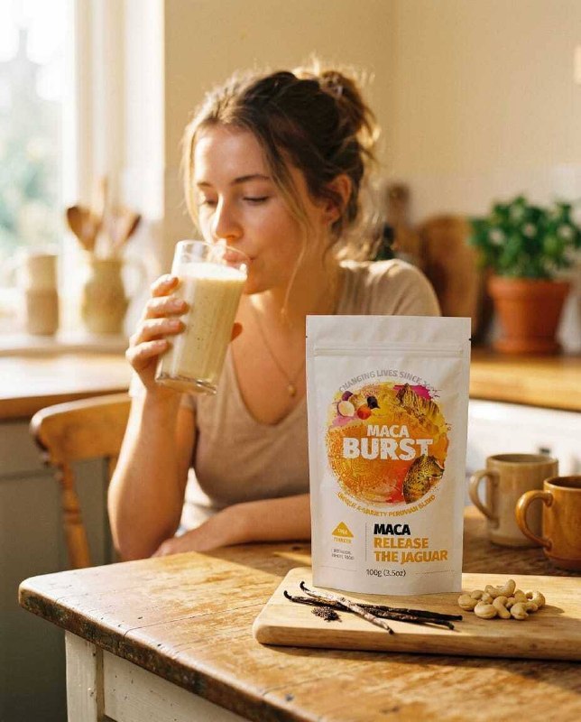 Woman drinking Maca smoothie in kitchen